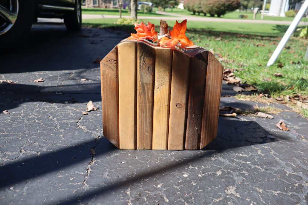 Scrap wood pumpkin DIY finished product.